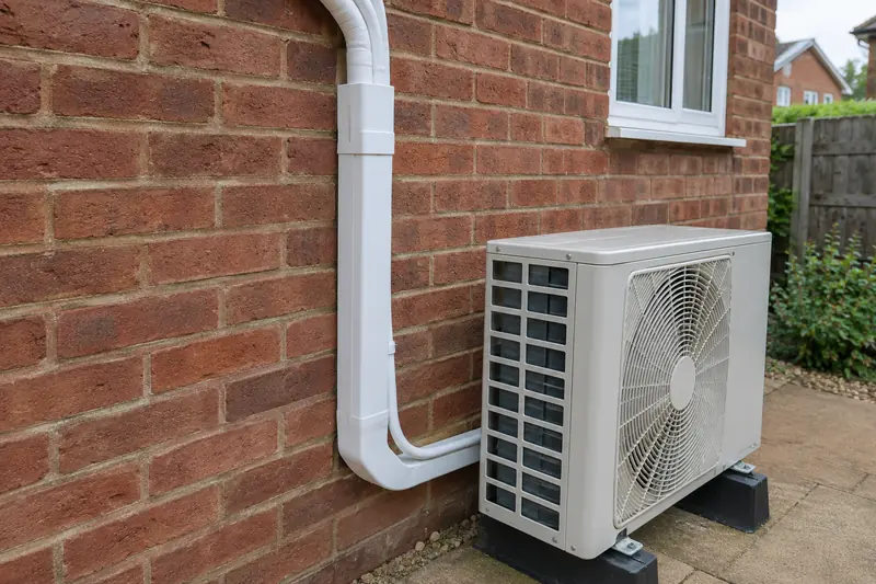 White pipe trunking running down a brick wall to an outdoor air-conditioning unit