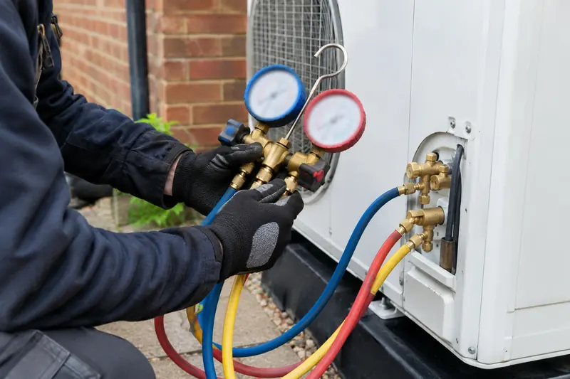 Engineer's gloved hands connecting gauge hoses to the service valves of an outdoor unit