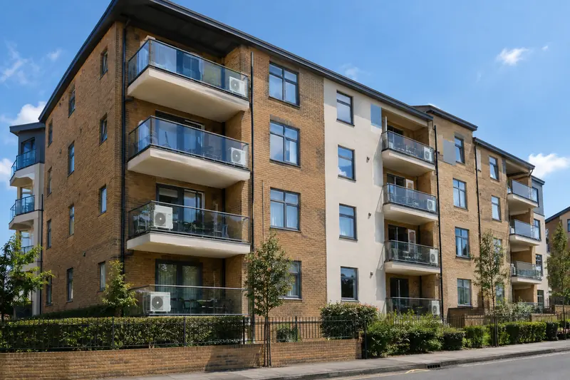 Brick block of flats with small outdoor air-conditioning units on several balconies