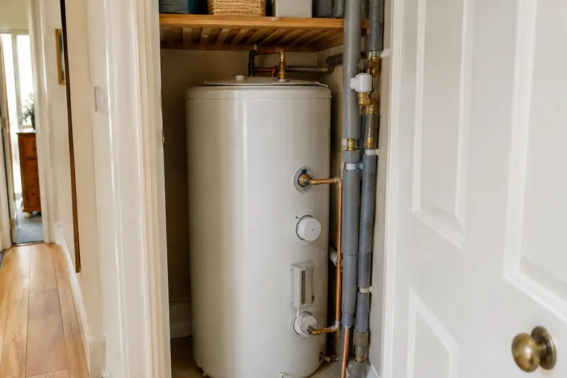 Insulated hot water cylinder in an airing cupboard with copper pipes