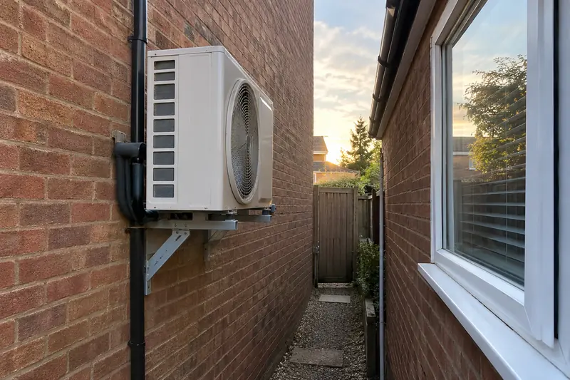 Outdoor heat pump unit on a wall in a narrow side passage close to the next house's window