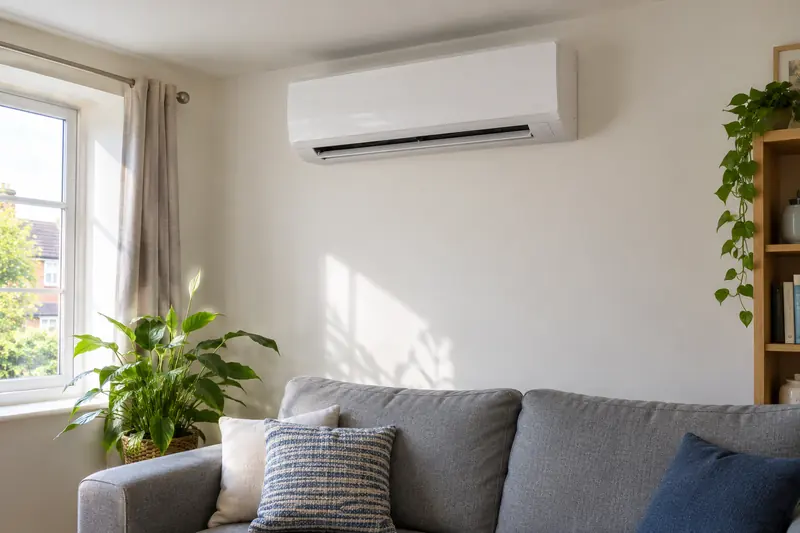 White split air-conditioning unit high on a living room wall above a grey sofa